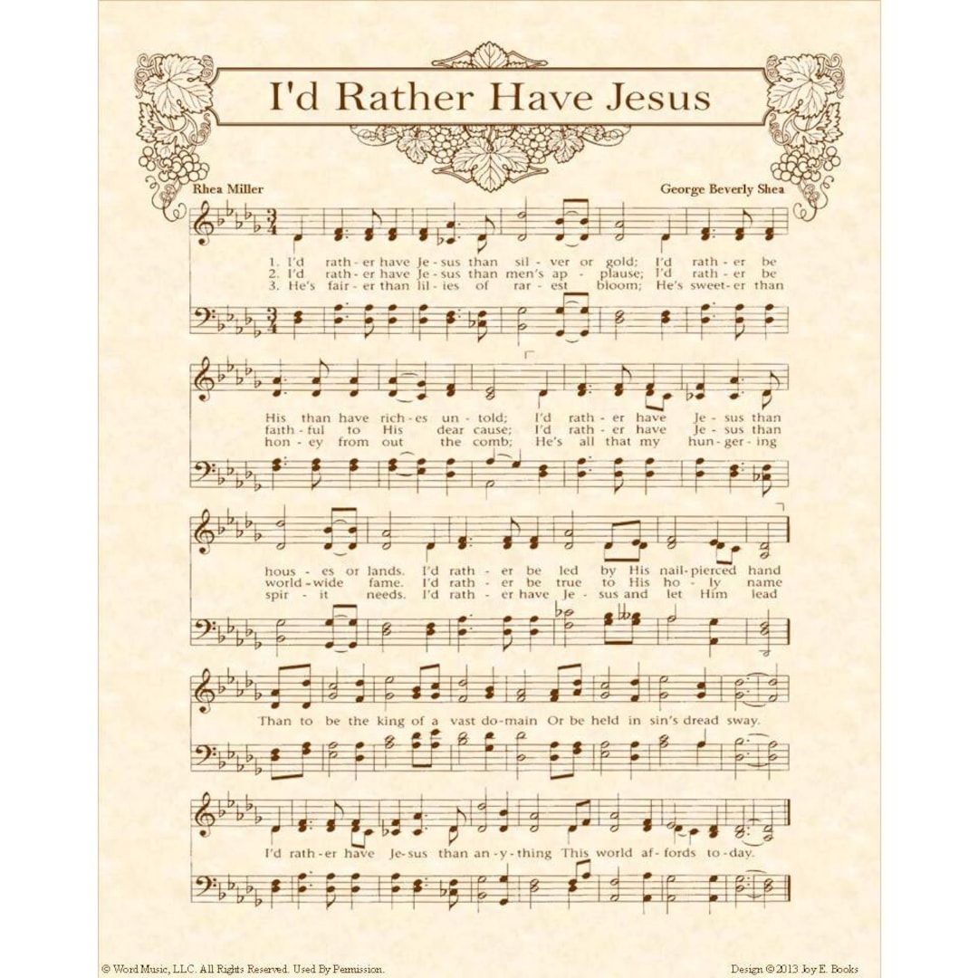 I'd RATHER HAVE JESUS Hymn Wall on Parchment Christian Home & Office