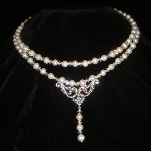 Genuine Pearl and Swarovski Crystal Titanic Heaven or Wedding Necklace