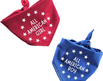 May include: Two fabric bandanas, one red with white stars and the text "All American Girl" and one blue with white stars and the text "All American Boy".