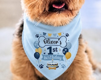 Personalized 1st Birthday Dog Bandana, Blue Tie on Puppy Scarf, Pet Party Outfit Gift