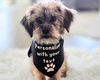 Personalized Dog Bandana: Black Cotton Custom Tie-On Pet Scarf with Paw, Over the Collar