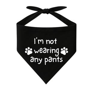 May include: Black dog bandana with white text that reads "I'm not wearing any pants." The bandana has a tie closure and paw print graphics. A fun accessory for pets.