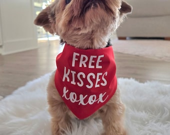 Puede incluir: Un pequeño perro marrón y negro con un pañuelo rojo con el texto "FREE KISSES xoxo" en blanco.
