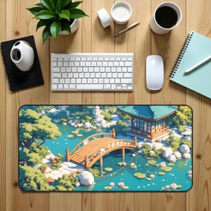 Temple Pond Desk Mat, Gaming Mouse Pad, Japanese Desk Accessory, Oriental Office Decor, Zen Workspace Decor, Office Desk Organizer
