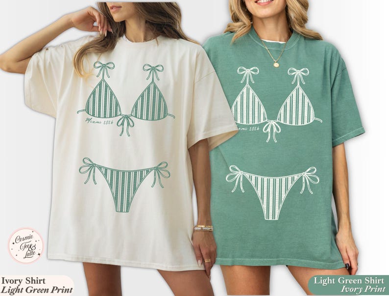 May include: An ivory t-shirt with a light green striped bikini graphic and a light green t-shirt with an ivory striped bikini graphic. Both shirts feature the text Miami 2024 printed in a small script font near the bikini top graphic.