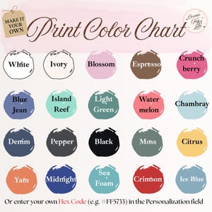 May include: A print color chart featuring twenty circular paint swatches with labels including White, Ivory, Blossom, Espresso, Crunch berry, Blue Jean, Island Reef, Light Green, Water melon, Chambray, Denim, Pepper, Black, Moss, Citrus, Yam, Midnight, Sea Foam, Crimson, and Ice Blue.