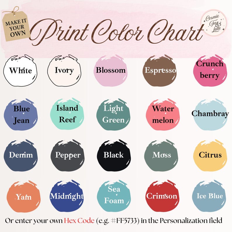 May include: A print color chart featuring twenty circular paint swatches with labels including White, Ivory, Blossom, Espresso, Crunch berry, Blue Jean, Island Reef, Light Green, Water melon, Chambray, Denim, Pepper, Black, Moss, Citrus, Yam, Midnight, Sea Foam, Crimson, and Ice Blue.