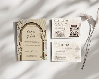 May include: A wedding invitation suite with a vintage aesthetic. The main invitation features a brown archway with butterflies and the text "Olivia & Daniel". The RSVP card has a QR code and the text "Will you be joining us?" The details card has the text "The Details" and lists information about the wedding.