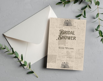 Vintage Book Bridal Shower Invitation: Rustic Floral Design (Editable Canva Template)
