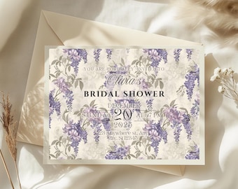 Regency Era Bridal Shower Invitation | Bridgerton-Inspired Wisteria Floral Digital Template | Elegant Vintage Party Invite