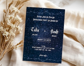 Celestial Engagement Party Invitation Template | Starry Night Theme Inspired by ACOTAR | Editable Canva Design