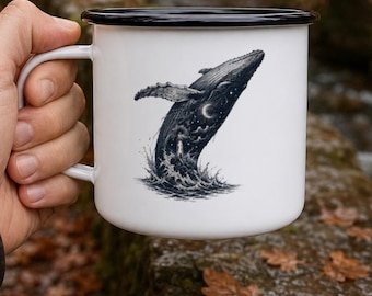 Whale Enamel Camp Mug, Celestial Ocean Coffee Cup, Moon and Stars Mug, Coastal Gift for Whale Lover, 12 oz