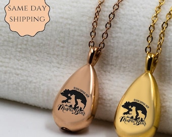Personalized Mom Bear Ash Necklace: Stainless Steel Memorial Urn Pendant