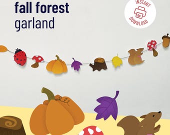 Guirnalda Otoñal Imprimible – Banderín DIY de Bosque con Hojas, Setas, Ardilla, Calabaza, Bellota, Mariquita y Páginas para Colorear