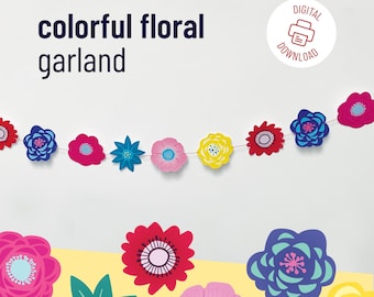 Colorful Printable Floral Garland. DIY Paper Flower Decoration. Spring Party Decor. Digital Download. Flower Coloring Page