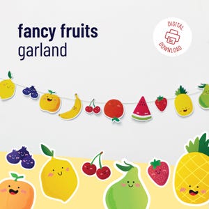 Ghirlanda di frutta stampabile – Ghirlanda di frutta kawaii fai da te con ciliegia, fragola, pesca e altro – Striscione da colorare con decorazioni per feste Tutti Frutti