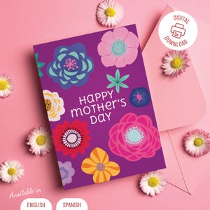 Printable Mother&#39;s Day Card with Colorful Floral Design. Happy Mom&#39;s Day Coloring Page. Instant Download