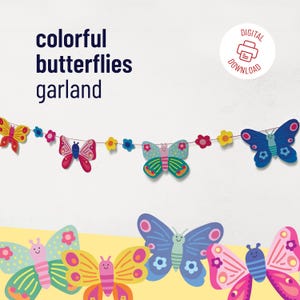 Bunte Schmetterlings-Girlande. Druckbare DIY Schmetterlinge Frühling Papiergirlande. Wimpelkette mit Schmetterlingen. Schmetterlinge Malseite.