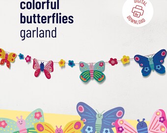 Colorful Butterflies Garland. Printable DIY Butterflies Spring Paper Garland. Butterflies Bunting Garland. Butterflies Coloring Page.