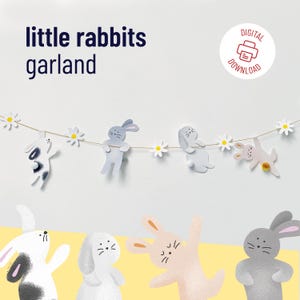 Süße kleine Hasen-Girlande. Druckbare DIY Ostern Papiergirlande. Frühlings-Papiergirlande. Bunnies Wimpelkette. Kaninchen Malseite