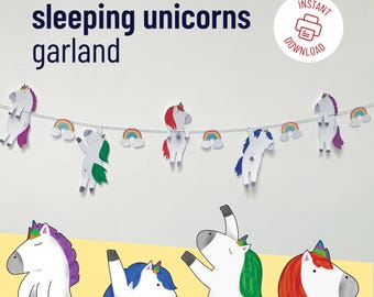 Printable DIY Sleeping Unicorns Garland • Cute Paper Banner for Kids Birthday • Magical Unicorn Coloring Craft Activity • PDF Download