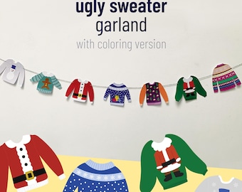 Ugly Sweater Garland Printable – Christmas Banner PDF with Coloring Pages