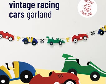 Vintage Classic Race Car Garland – Printable DIY Retro Racing Cars Banner & Coloring Page for First Birthday Party Decor