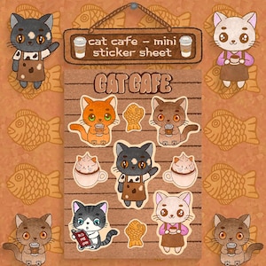 Mini feuille d'autocollants Cat Cafe | Sticker en vinyle Chat mignon | Sticker artistique pour toutes les surfaces ; Ordinateurs portables, coques de téléphone, bouteilles d'eau et plus encore !