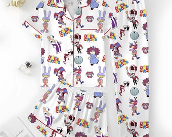 The Amazing Digital Circus Satin Pajamas Set, Pomni Jax Ginger Caine Sleepwear, Aesthetic Anime Pajama Set, Silk Pajamas, Gift for Fans