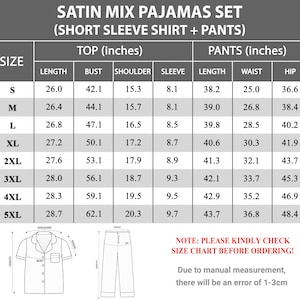 May include: A chart detailing the measurements of a satin pajama set, including short-sleeve shirts and pants. The chart lists sizes from S to 5XL, with measurements in inches for length, bust, shoulder, sleeve, waist, and hip.