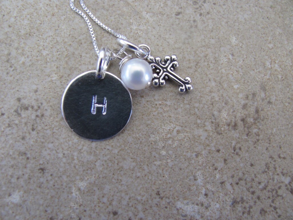 Hand stamped necklace with cross and pearl Etsy