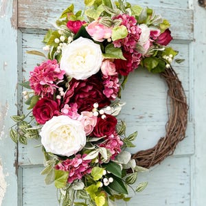 Burgundy Floral Wreath: Peonies, Roses & Hydrangeas - Cottagecore Decor