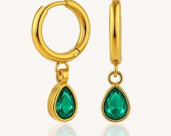 Emerald Crystal Earrings, Mini Hoop Drop Earrings, Gold Hoop Emerald Dangle, Gift for Her, Elegant Everyday Earrings