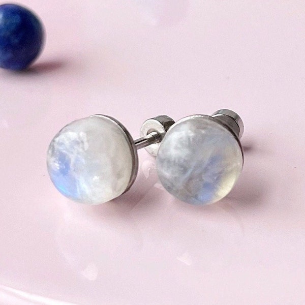 Flat Back Moonstone Stud Earrings | Blue Fire AAA Gemstone Cabachon Screwback Studs