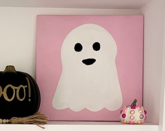 Cute Pink Ghost Art | Hand Painted, Hand Embroidered Halloween Canvas