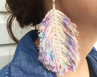 Colorful Macrame Feather Earrings | Large  Lightweight Statement Jewelry | Vibrant Rainbow Color Boho Chic Accessories | Mermaid Unicorn