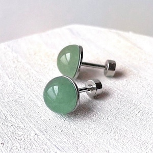 Green Aventurine Flat Back Stud Earrings AAA Gemstone Screwback Studs Rose Quartz Agate Amethyst Rhodochrosite Cabachon Minimalist Jewelry