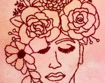 Peachy Pink Aesthetic Hand Embroidered Watercolor Female Head With Flower Crown Art