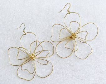 Magnolia Flower Statement Earrings Handworked Modern Floral Daisy Jewelry Handmade Large Wire Earrings