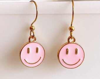 Pink Gold Happy Face Earrings, Enamel Smiley Dangle Jewelry