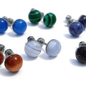 Blue Lace Agate Gemstone Stud Nap Earrings Flat Back AAA Natural Goldstone Onyx Sodalite Polished Cabochon Screwback Comfort Studs