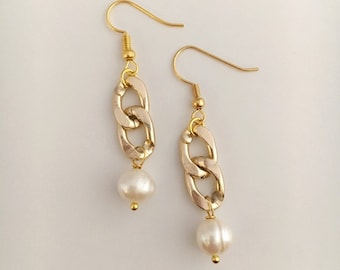 Gold Chain and Pearl Drop Earrings, Simple and Chic Jewelry Pearlcore