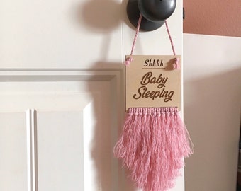 Handmade Baby Nursery Door Hanger - Shhh Baby Sleeping - Laser Cut Wood and Macramé Home Decor Accent