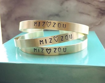 Mizzou Hand Stamped Cuff Bracelet - MU Gold Brass Bangle University of Missouri Tigers Licensed