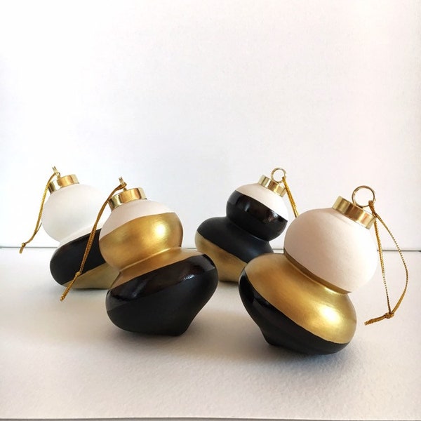 Black, White, and Gold Finial Ornament Set - Hand Painted Ceramic Tree Baubles - Glam Minimalist Christmas Decor