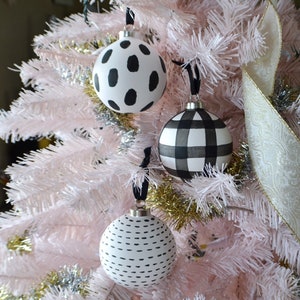 Modern Black & White Ornament Set - Hand Painted Bisque Ceramic Minimalist Christmas Ornaments