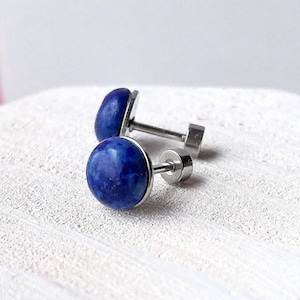 May include: A pair of stud earrings featuring round, polished lapis lazuli stones in a deep blue color with subtle natural flecks. The stones are set in silver-toned metal posts with matching circular backings, showcasing a simple, clean design.
