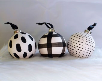 Modern Black & White Ornament Set - Hand Painted Bisque Ceramic Minimalist Christmas Ornaments