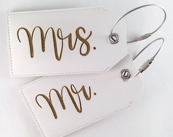 Mr. + Mrs. His and Hers  Theirs Faux Leather Luggage Tags | Newlywed Bride Groom Honeymoon Travel Gift | Laser Engraved