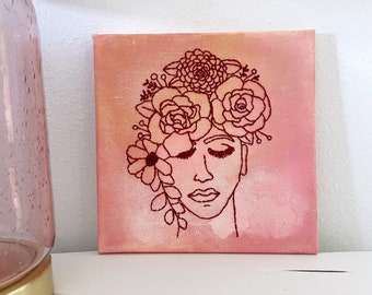 Peachy Pink Aesthetic Hand Embroidered Watercolor Female Head With Flower Crown Art